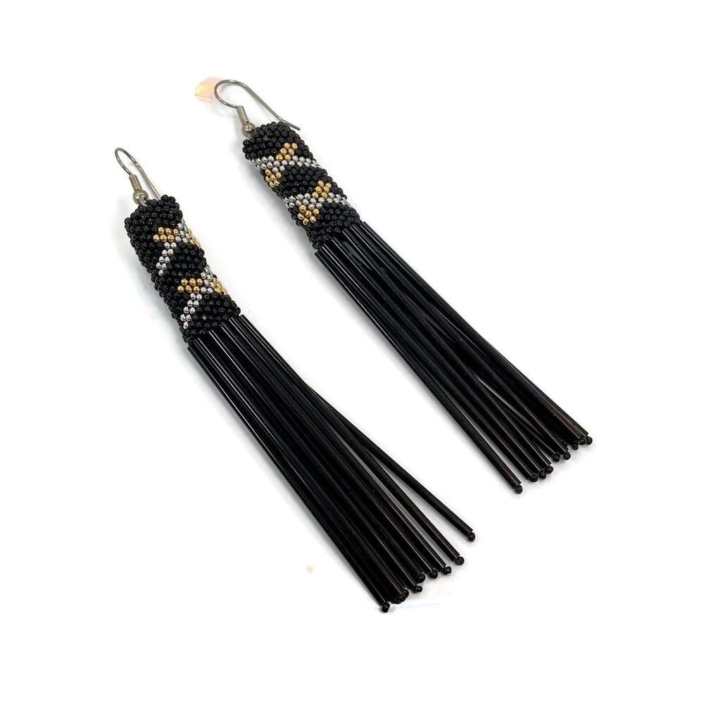 Vintage Black Tassel Earrings: Woven Glass Bead Boho Statement